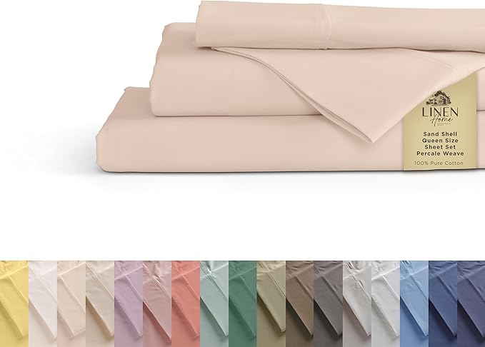 Linen Home 100% Cotton Percale Sheets Queen Size, Sand Shell, Deep Pocket by LINENHOME