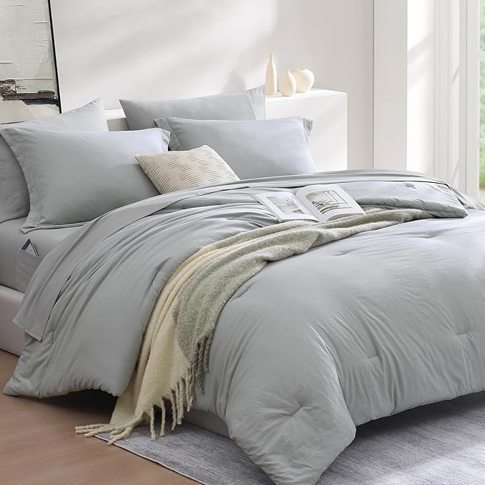 WRENSONGE Full Size Comforter Sets- 7 Pieces Soft Light Grey Bed in a Bag - Image 4