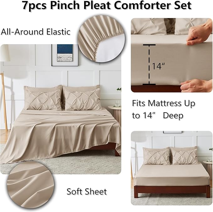 CozyLux Queen Comforter Set Wheat, 7 Pieces Pintuck Bed in A Bag, Premium Wheat - Image 5