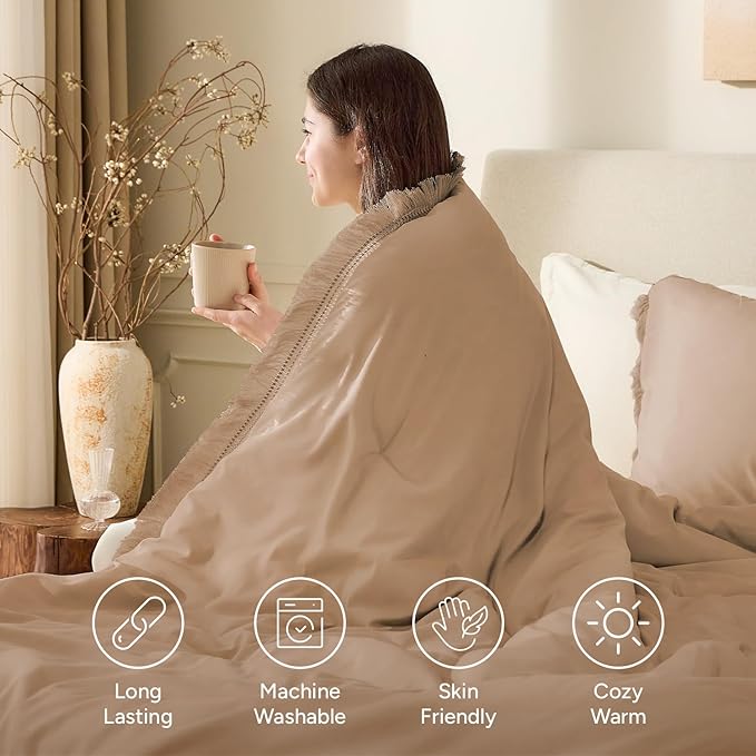 Andency Taupe Comforter Set King Size, 3 Pieces Boho Tassel Lightweight Bedding - Image 4