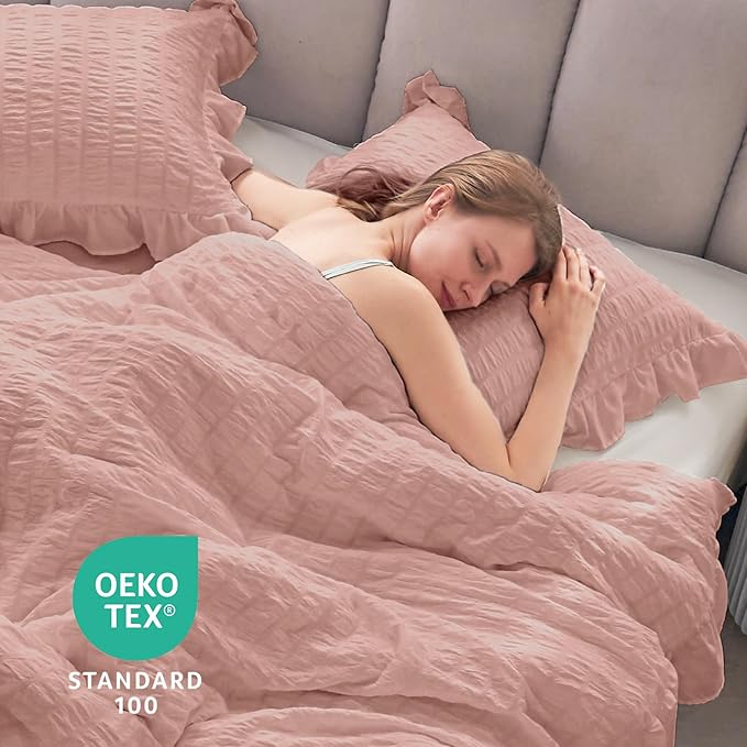 JOLLYVOGUE Queen Comforter Set, 3 Pieces Rose Gold Seersucker Comforters Queen - Image 6