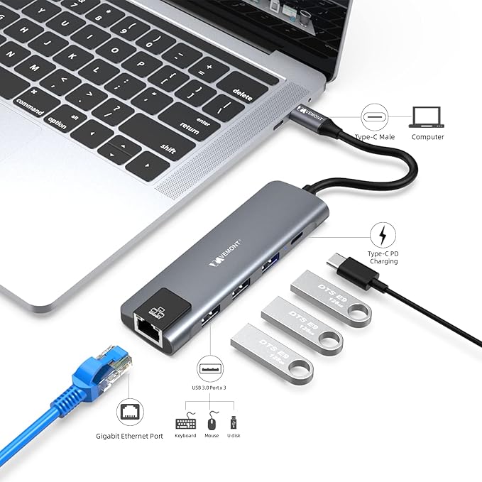 VEMONT USB C hub,5 in1 USB-C hub, Type-c multiport Adapter with Gigabit Ethernet, 3 USB 3.0 hub for Data, 100W Power Delivery, USB c hub for Laptop MacBook/ipad, and Other USB C Devices-DeskoryOffice