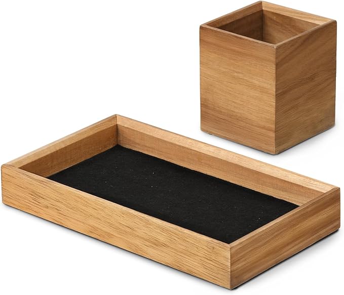 HULISEN Wooden Desk Organizer Tray with Pen Holder, Non-Slip Desk Tray and Pencil Holder Set with Felt Lined, Desktop Accessories for Home Office Workspace Organization-DeskoryOffice