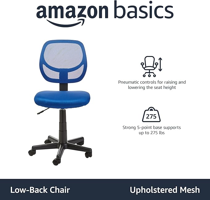 Amazon Basics Rolling Desk Chair, Adjustable, Low Back, Padded Seat, Breathable Mesh, Swivel, Blue, 21.25" D x 22.5" W x 38" H-DeskoryOffice