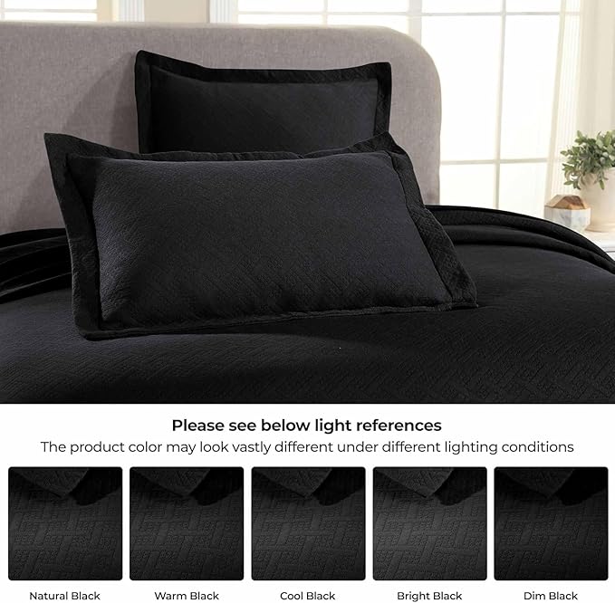 Superior 3 Piece Basketweave Cotton Bedspread Set, Home Bed Decor, Decorative Bed Spread, 2 Pillow Shams, Medium Weight Blanket, Matelasse Coverlet Bedding, Geometric Lattice Pattern, Queen, Black