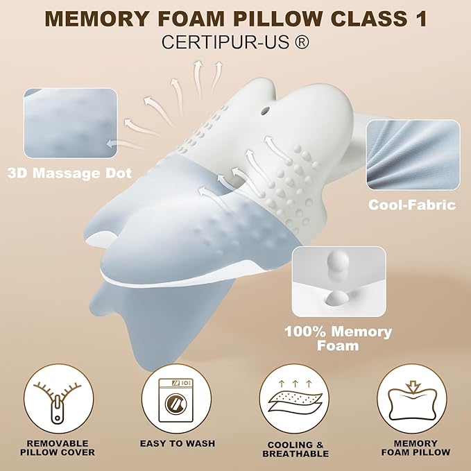 Cervical Neck Pillow for Sleeping - Ergonomically Designed Memory Foam Pillows for Neck Pain Relief, Side Sleeper Pillow for Neck Pain with Washable Cooling Cover for Side and Back Sleepers（Blue）