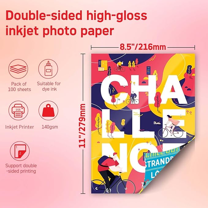 140gsm Glossy Brochure and Flyer paper Double Sided Glossy Photo Paper 100 Sheets 8.5x11 Inches for Inkjet Printer and Dye Ink Chip Bag Paper for Party Favors-DeskoryOffice