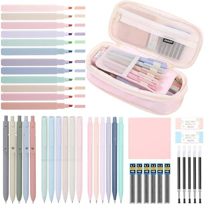 SKYDUE Cute School Supplies 44 PCS, Aesthetic Pencil Case with 12 Pastel Highlighters, 5 Black Gel Pens, 6 Color Gel Pens & Mechanical Pencils, College Essentials Students Stationary Set Pink-DeskoryOffice