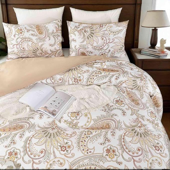 Nanko Paisley Comforter Set King Size 3 Pcs, Tan Taupe Classy Boho Damask - Image 4