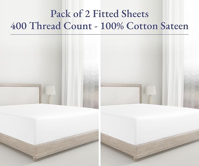 2 King Fitted Sheets, 400 Thread Count 100% Cotton Sateen, King Size Fitted - Image 4