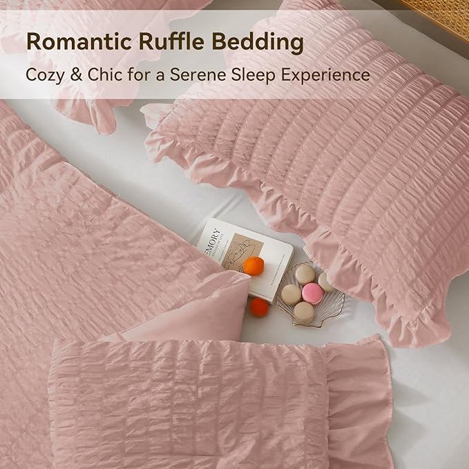JOLLYVOGUE Queen Comforter Set, 3 Pieces Rose Gold Seersucker Comforters Queen - Image 4