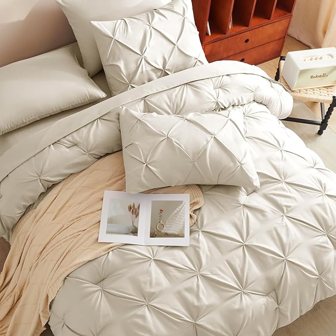 CozyLux Oversized Queen Comforter Sets Beige, 7 Pieces Oversized Queen Pintuck - Image 4