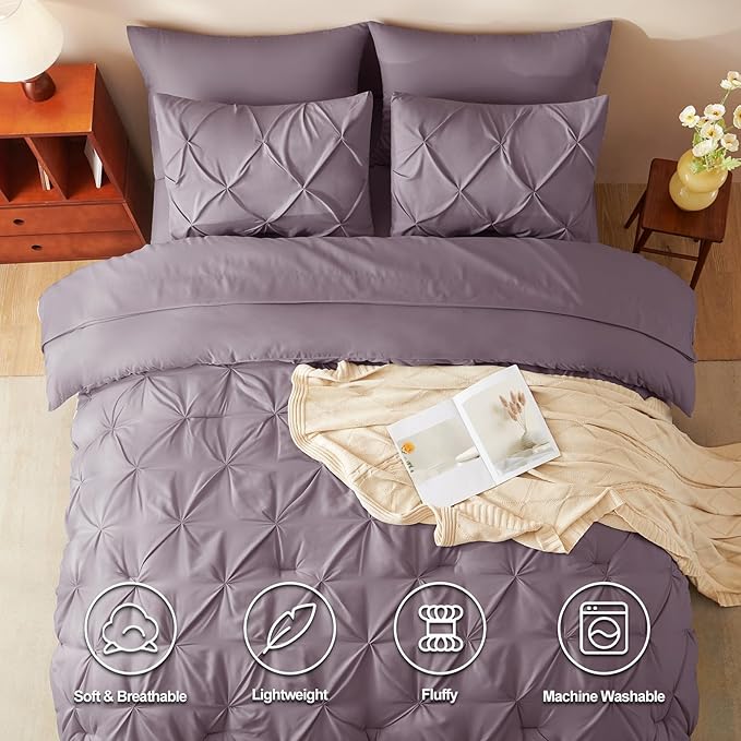 HIMEET Pintuck Bed in a Bag, 7 Pieces Queen Size Comforter Set Dusty Purple - Image 2