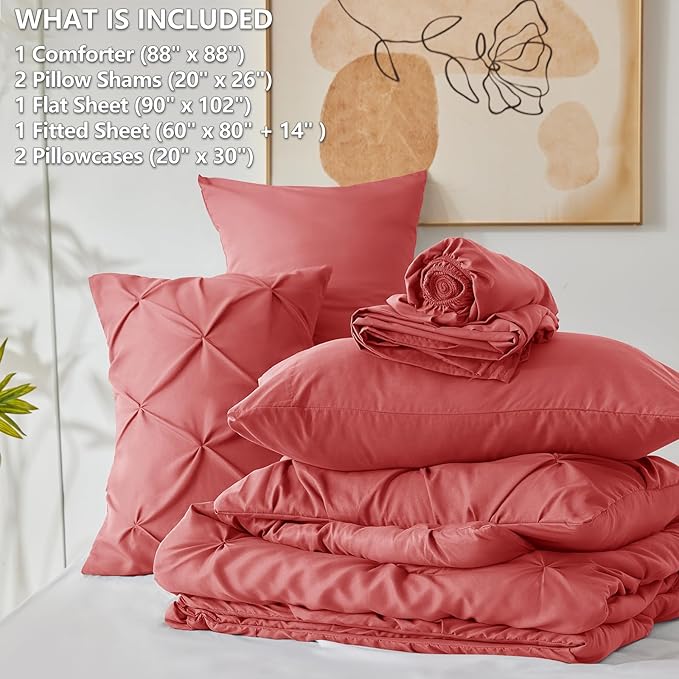 CozyLux Queen Comforter Set Coral, 7 Pieces Pintuck Bed in A Bag, Premium Coral - Image 7