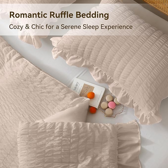 JOLLYVOGUE Beige Queen Comforter Set, 3 Pieces Seersucker Comforters Queen Size - Image 4