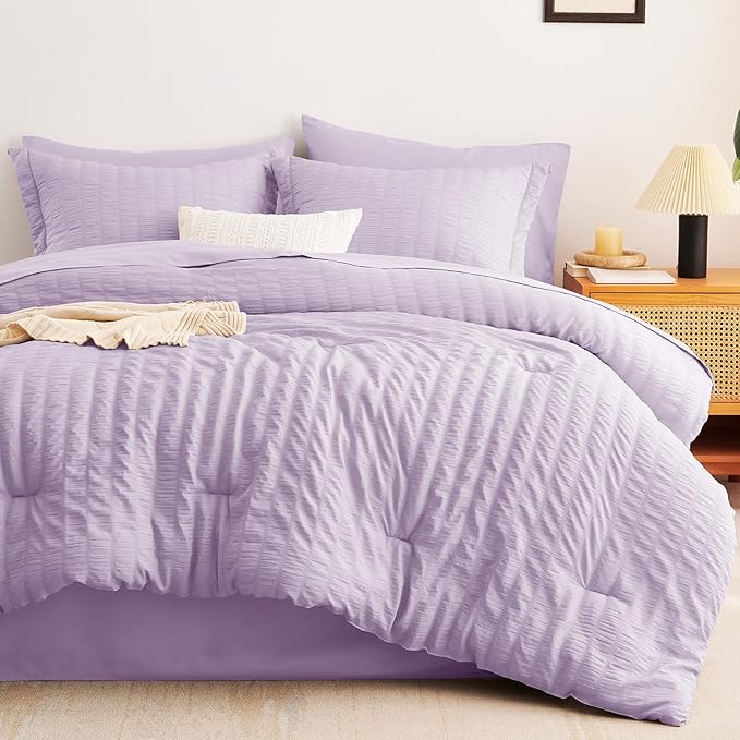 CozyLux King Size Comforter Set Light Purple Seersucker 7 Pieces Bed in a Bag - Image 3