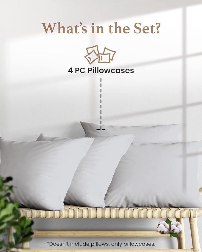 Set of 4 Pillow Cases King, 800 TC 100% Egyptian Cotton, Silky Soft Sateen - Image 2