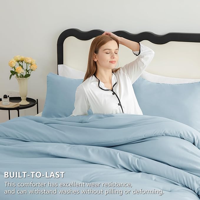CozyLux King Size Comforter Set Light Blue, 3 Pieces Solid Comforters King Size - Image 3
