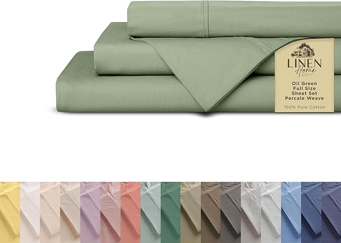 Linen Home 100% Cotton Percale Sheets Full Size, Oil Green – Crisp & Cool by LINENHOME