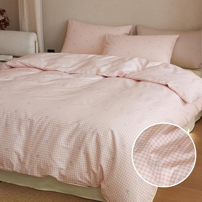 mixinni Gingham Duvet Cover Queen Size, 100% Cotton Light Pink and White - Image 3