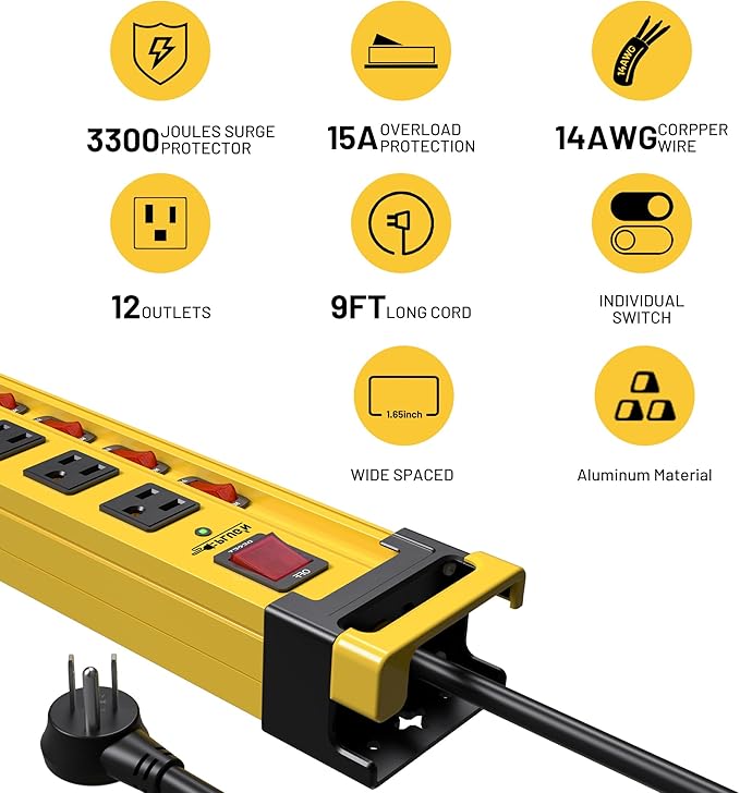 Plug'n 12 Outlet 13 Individual Switches,3300J Surge Protector Power Strip,9FT/14AWG/15AMP/1875W Power Cord,Heavy Duty Metal Power Strip with Cord Manager for Workshop,Garage,Shop-DeskoryOffice