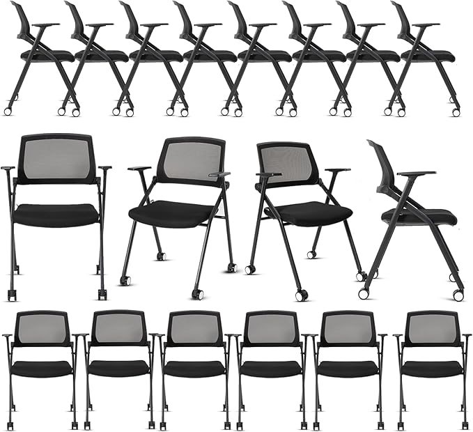 10 Pack Conference Room Chairs with Wheels and Sliding Armrest,Foldable Nesting Chair for Office School Church Waiting Room Black-DeskoryOffice