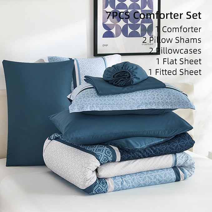 WONGS BEDDING Navy Blue King Comforter Set 7 Pieces, Boho Striped Bed in a Bag - Image 6