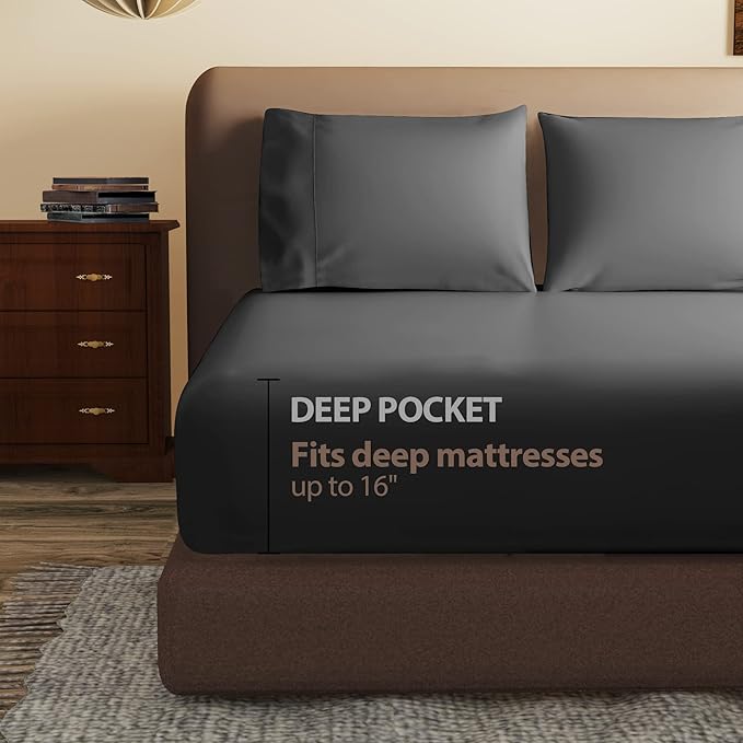 100% Egyptian Cotton Fitted Sheet Twin Size Black, 600 Thread Count, 8-16" Deep - Image 3