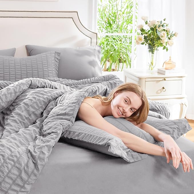 CozyLux Oversized King Comforter Set Grey, Seersucker 7 Pieces 120x98 Bed in a - Image 3