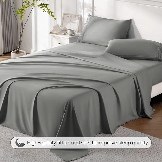 ROSE&RISY Light Grey Full Sheet Set, 4 Pieces Soft Bedding Queen Sheet Set - Image 5