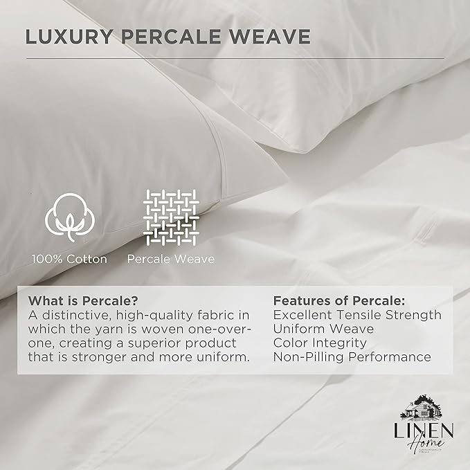 Linen Home 100% Cotton Percale 1 Flat Sheet, Twin Size - Image 2