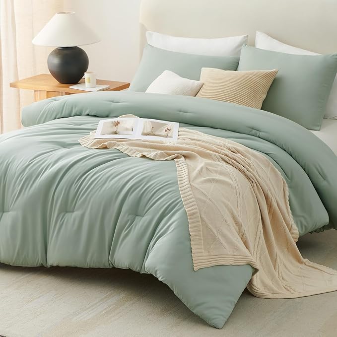CozyLux Full Size Comforter Set Sage Green, 3 Pieces Solid Breathable Quilted - Image 7