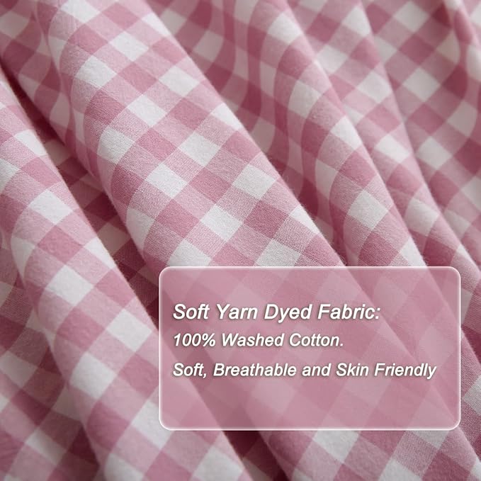 Silnuo Vintage Pink/White Plaid Ruffle 3-Piece Duvet Cover Set Twin Size - Image 5