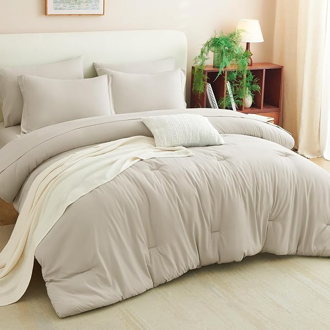 CozyLux Queen Comforter Set Beige, 7 Pieces Bed in a Bag Queen Comforter Set - Image 7