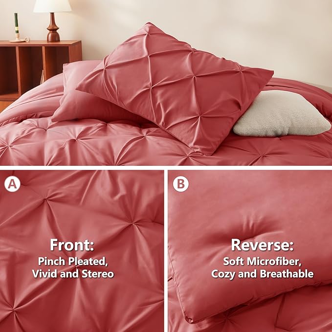 CozyLux Queen Comforter Set Coral, 7 Pieces Pintuck Bed in A Bag, Premium Coral - Image 3
