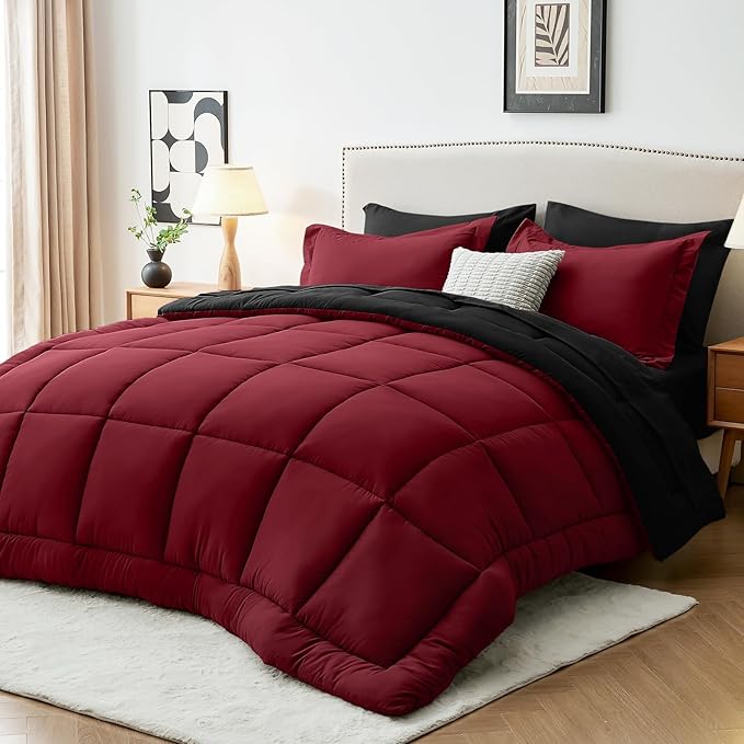 Sasttie Red & Black California King Comforter Set, 7 Pieces Cal King Bed in a by SASTTIE