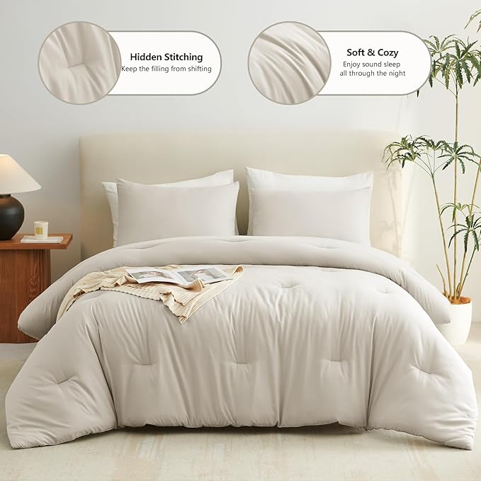 CozyLux Oversized Queen Comforter Set Beige, 3 Pieces 98x98 Solid Breathable - Image 2