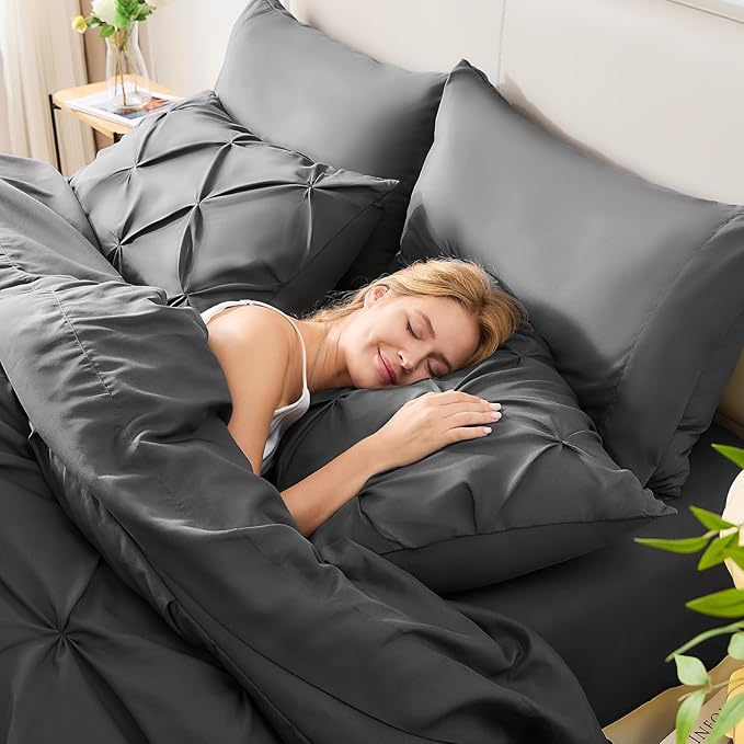 HIMEET Pintuck Bed in a Bag, 7 Pieces King Size Comforter Set Dark Grey - Image 7