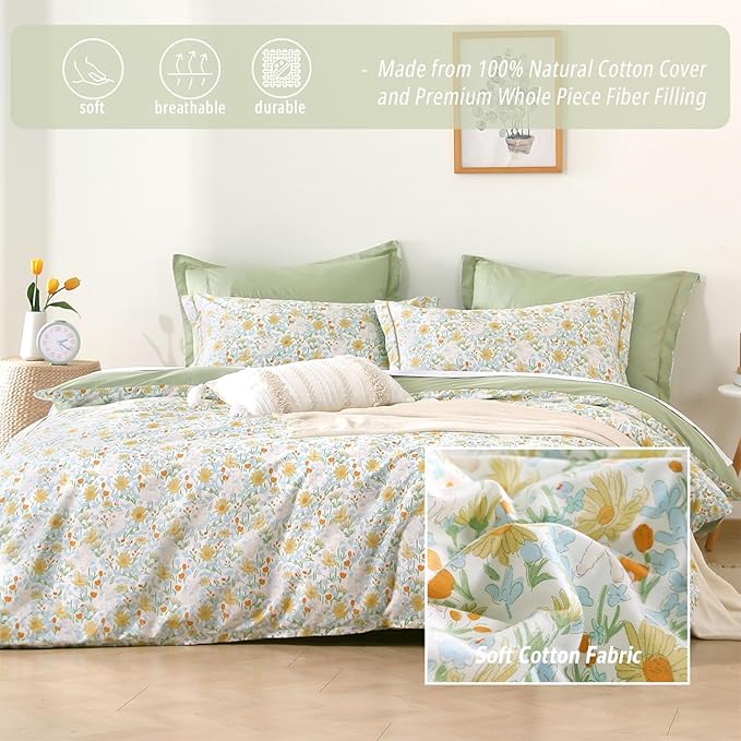 LEMIROE Floral Cotton Comforter Queen Size 3Pcs - Image 2