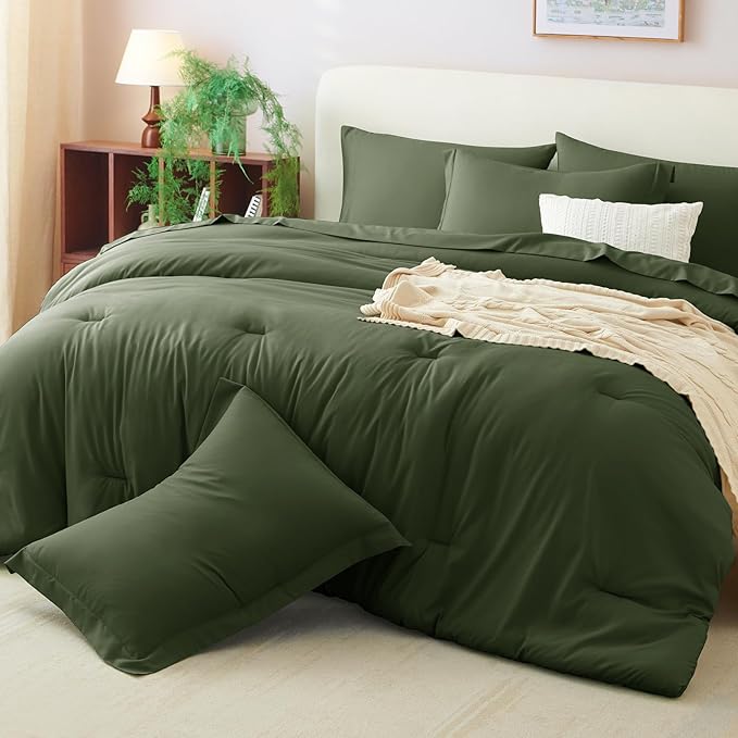 CozyLux Oversized Queen Comforter Set Olive Green, 7 Pieces Bed in a Bag - Image 9