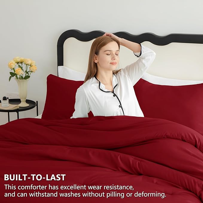 CozyLux Oversized Queen Comforter Set Dark Red, 3 Pieces 98x98 Solid Breathable - Image 3