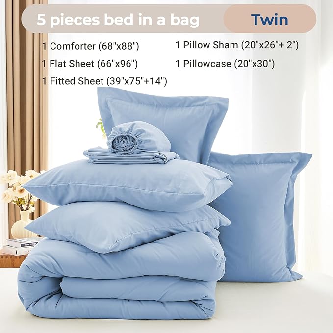 MUXHOMO 5 Pieces Twin Comforter Set, Soft Bed in a Bag Twin Size, All Season - Image 4