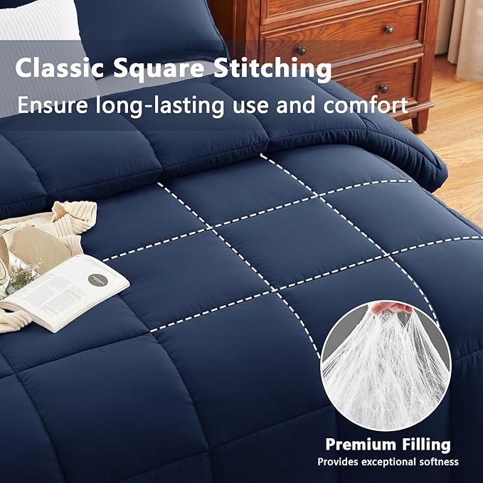 CozyLux Oversized King Comforter Set, 3 Pieces Navy Blue 120x98 Box Stitched - Image 2