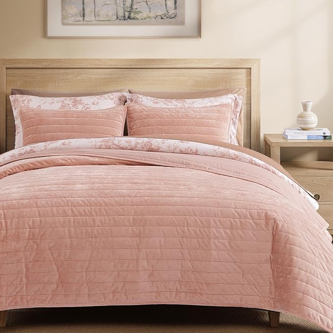 WRENSONGE Velvet Queen Quilt Set-3 Pieces Clay Pink Luxurious Velvet Striped by WRENSONGE