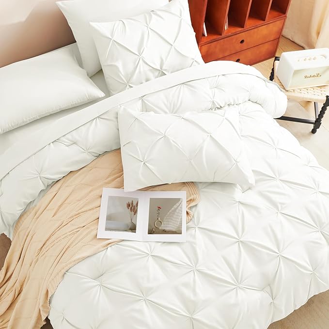 CozyLux King Size Comforter Set Ivory, 7 Pieces Pintuck Bed in A Bag Ivory - Image 4