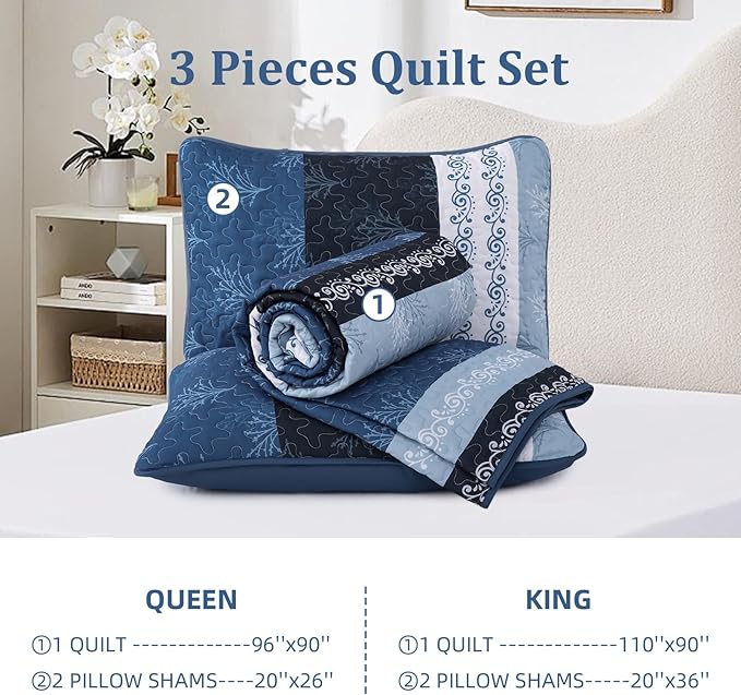 DJY Stripe Quilt Set King Size Blue Bedspread Coverlet Set 3 Pieces Boho Branch - Image 8