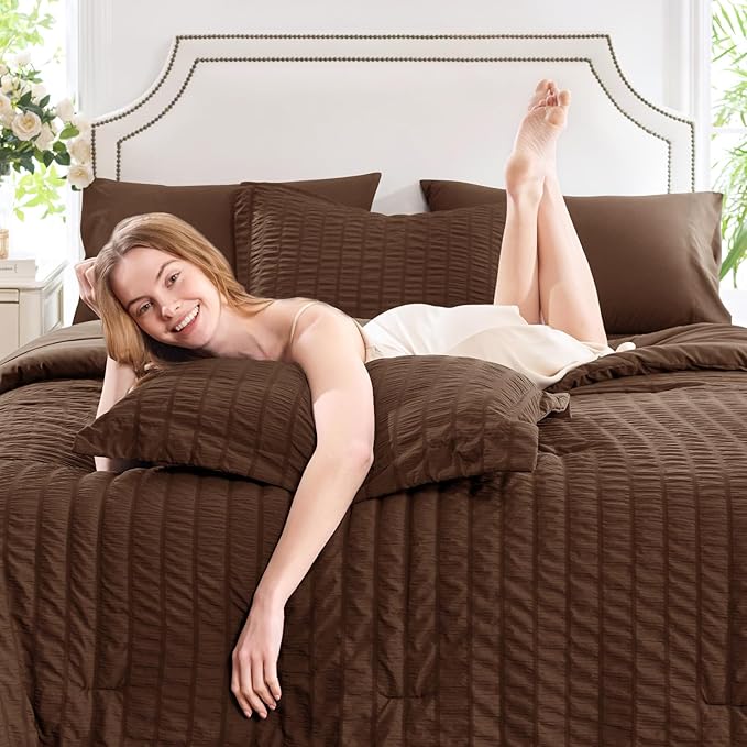 CozyLux King Size Comforter Set Brown Seersucker 7 Pieces Bed in a Bag King - Image 8