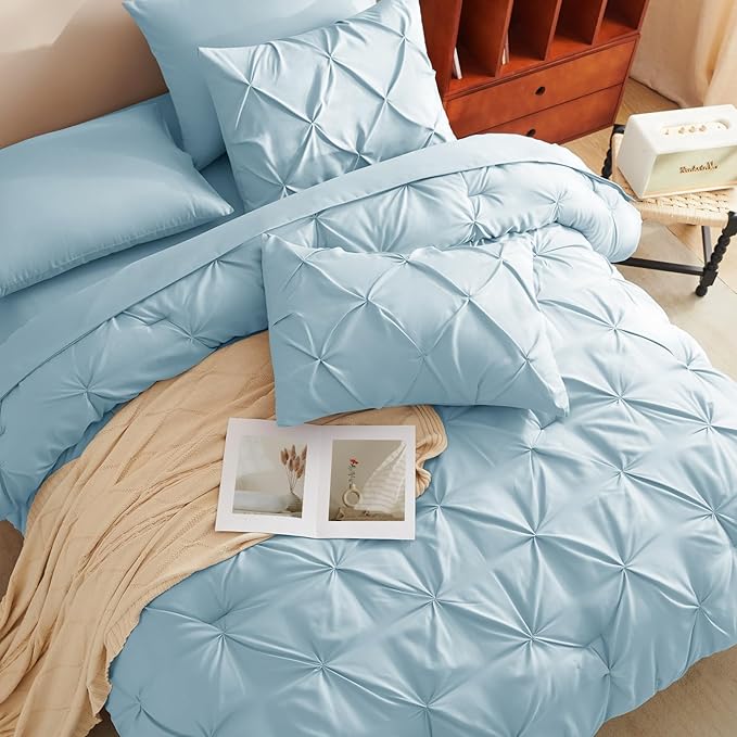 CozyLux Queen Comforter Set Light Blue, 7 Pieces Pintuck Bed in A Bag, Premium - Image 4