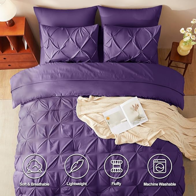 CozyLux Queen Comforter Set Purple, 7 Pieces Pintuck Bed in A Bag, Premium - Image 2