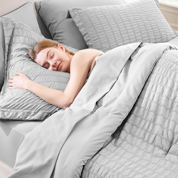 CozyLux Queen Comforter Set Light Grey Seersucker 7 Pieces Bed in a Bag Queen - Image 5
